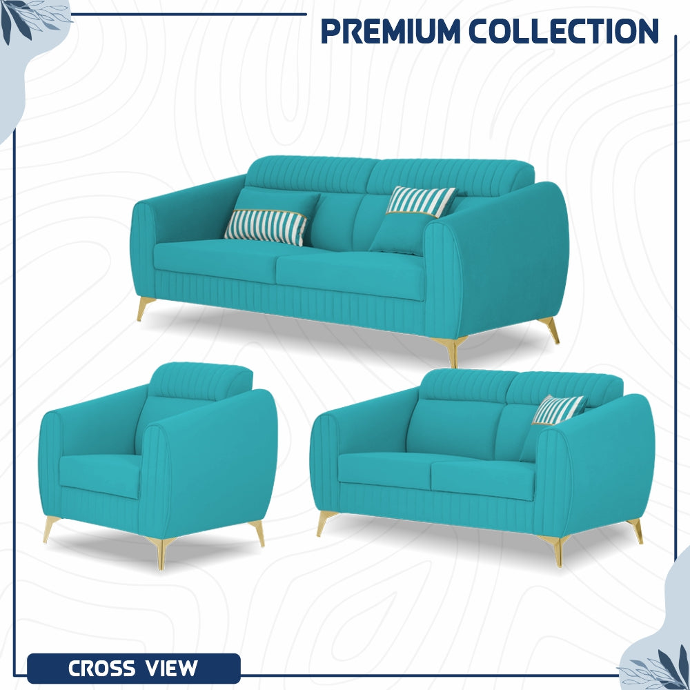Adorn India Premium Valentino 3-2-1 Sofa Set | Velvet Suede Fabric | 3-Year Warranty | Color Aqua Blue with Golden Legs & Striped Pattern Cushion