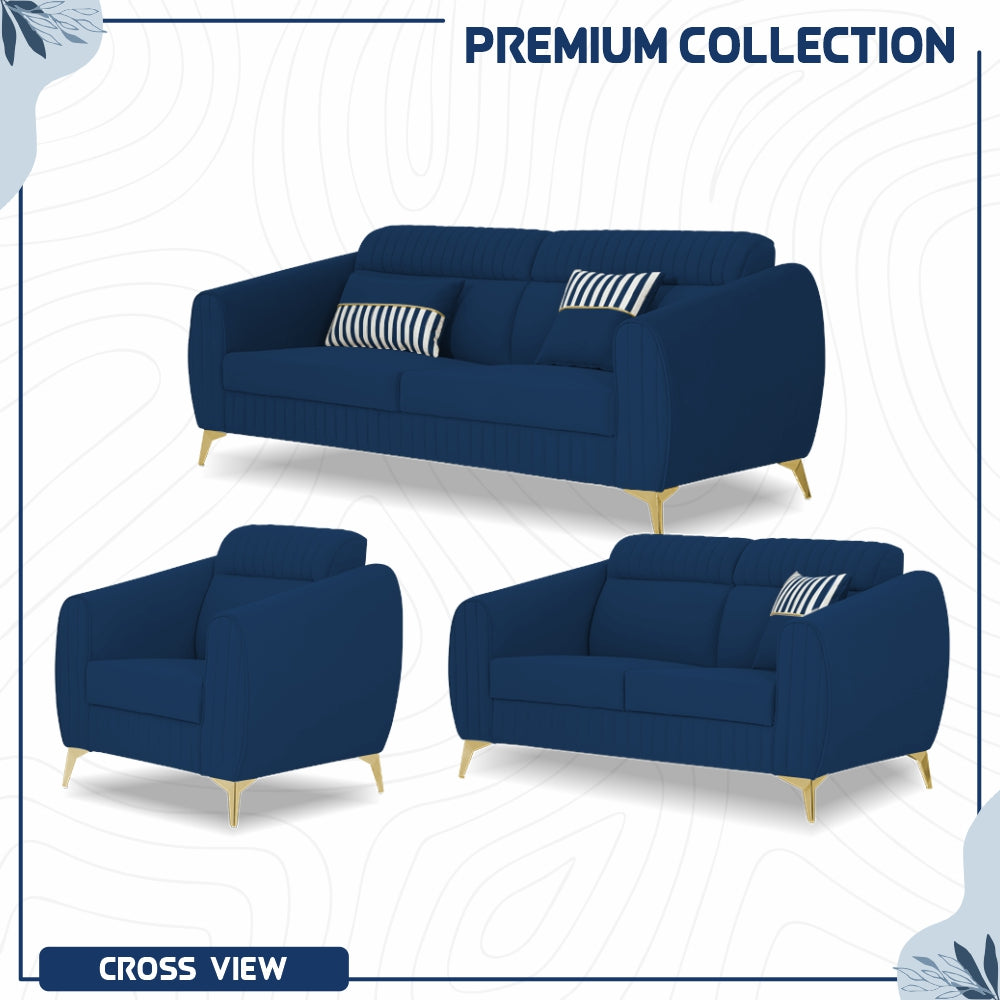 Adorn India Premium Valentino 3-2-1 Sofa Set | Velvet Suede Fabric | 3-Year Warranty | Color Blue with Golden Legs & Striped Pattern Cushion
