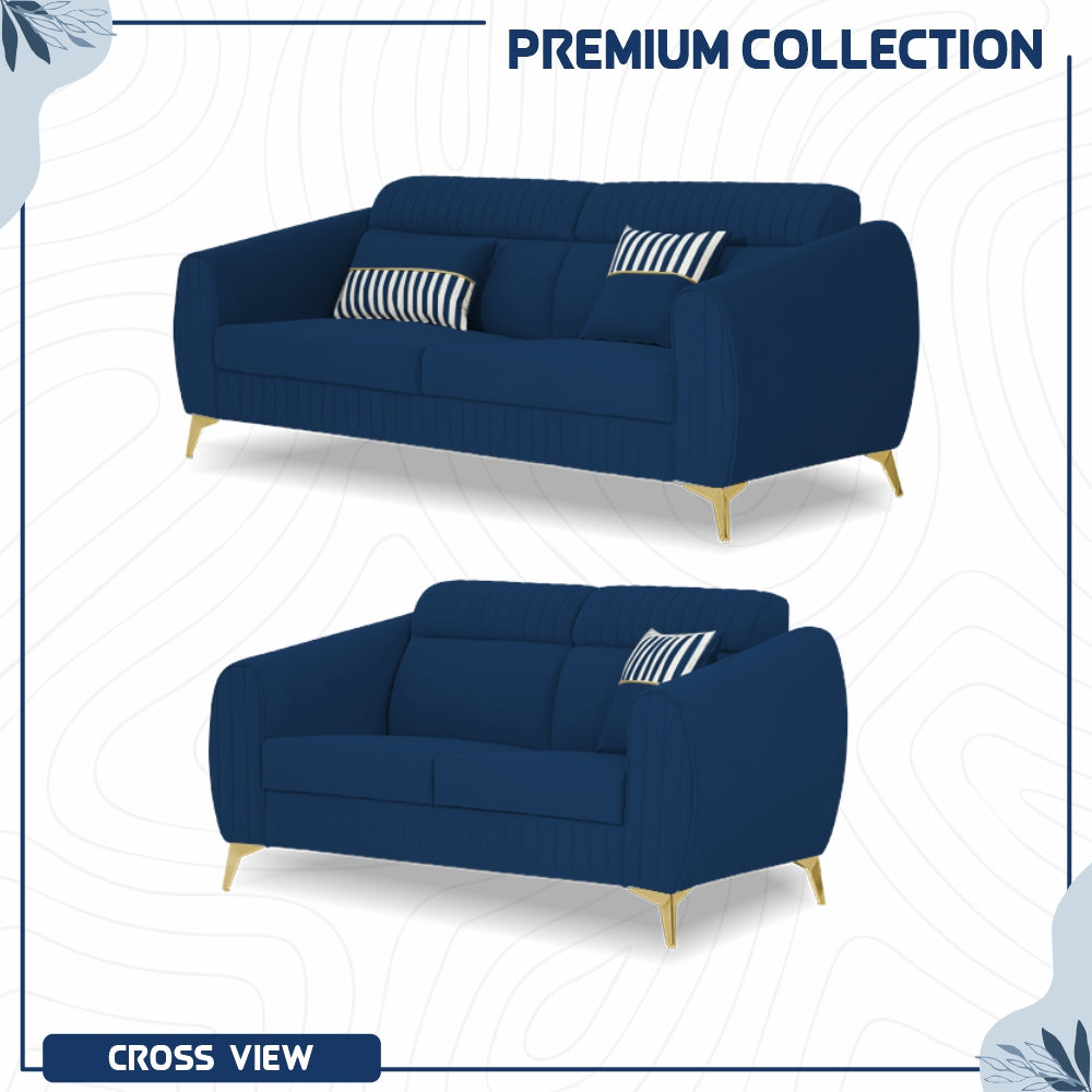 Adorn India Premium Valentino 3-2 Sofa Set | Velvet Suede Fabric | 3-Year Warranty | Color Blue with Golden Legs & Striped Pattern Cushion