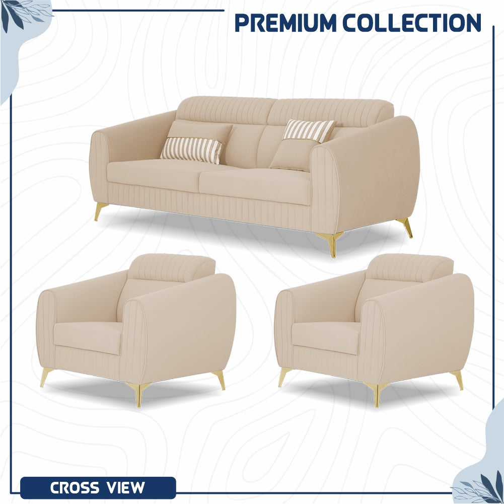 Adorn India Premium Valentino 3-1-1 Sofa Set | Velvet Suede Fabric | 3-Year Warranty | Color Beige with Golden Legs & Striped Pattern Cushion
