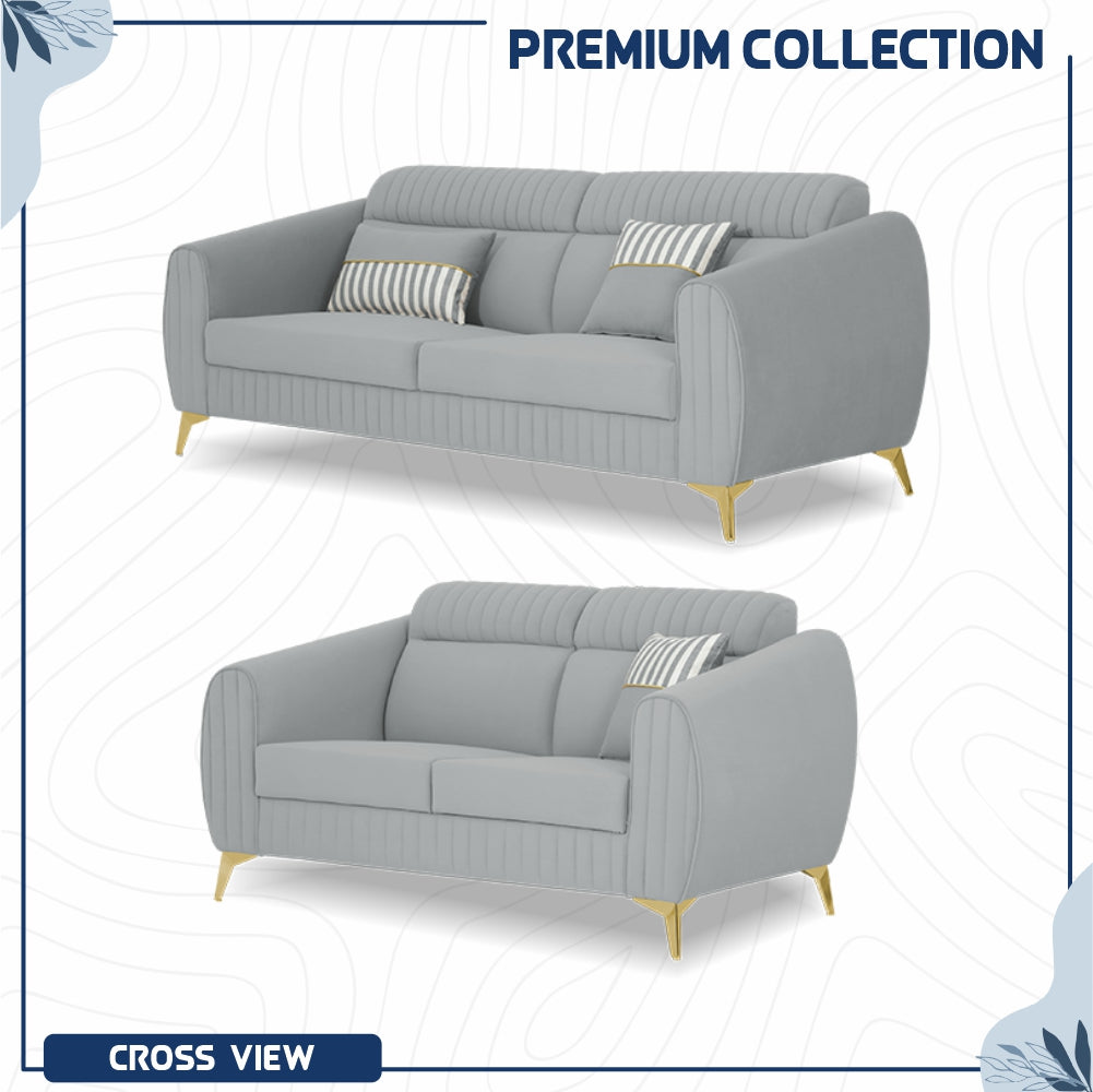 Adorn India Premium Valentino 3-2 Sofa Set | Velvet Suede Fabric | 3-Year Warranty | Color Grey with Golden Legs & Striped Pattern Cushion