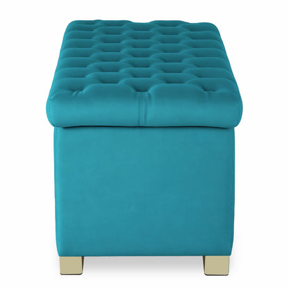 Adorn India Falcon Tufted 2 Seater Storage Ottoman Pouffe with Velvet Suede Fabric (Aqua Blue)