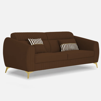 Adorn India Premium Valentino 3 Seater Sofa | Velvet Suede Fabric | 3-Year Warranty | Color Brown with Golden Legs & Striped Pattern Cushion