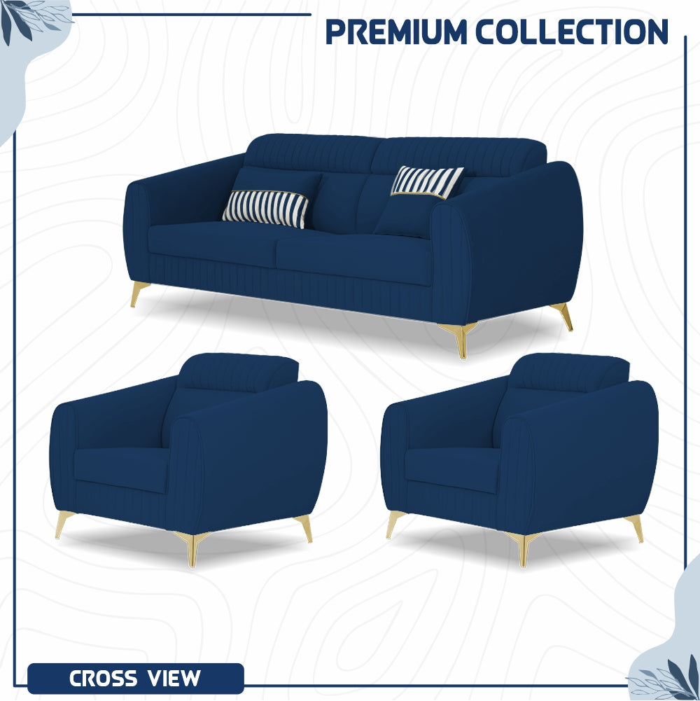 Adorn India Premium Valentino 3-1-1 Sofa Set | Velvet Suede Fabric | 3-Year Warranty | Color Blue with Golden Legs & Striped Pattern Cushion