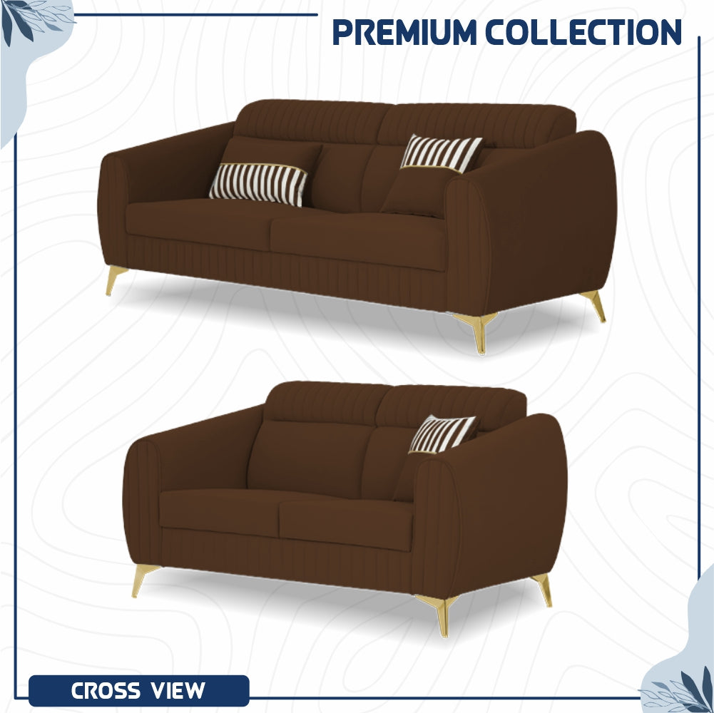 Adorn India Premium Valentino 3-2 Sofa Set | Velvet Suede Fabric | 3-Year Warranty | Color Brown with Golden Legs & Striped Pattern Cushion