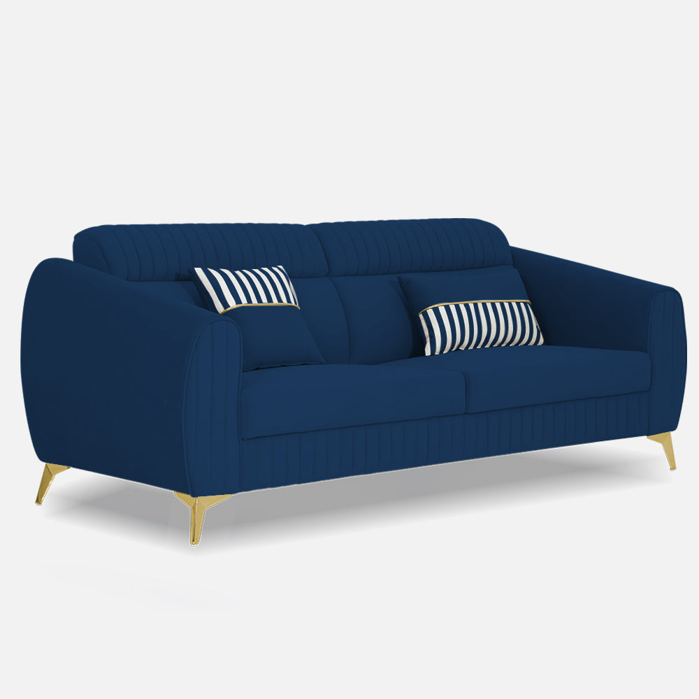 Adorn India Premium Valentino 3 Seater Sofa | Velvet Suede Fabric | 3-Year Warranty | Color Blue with Golden Legs & Striped Pattern Cushion