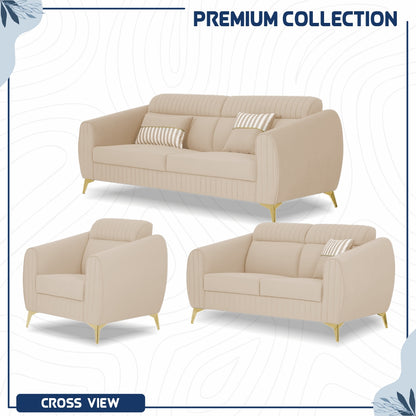 Adorn India Premium Valentino 3-2-1 Sofa Set | Velvet Suede Fabric | 3-Year Warranty | Color Beige with Golden Legs & Striped Pattern Cushion