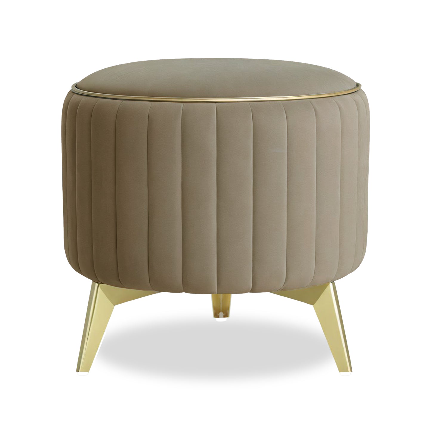 Adorn India Olivia Round 1 Seater Ottoman Pouffe Striped Pattern with Velvet Suede Fabric (Beige)