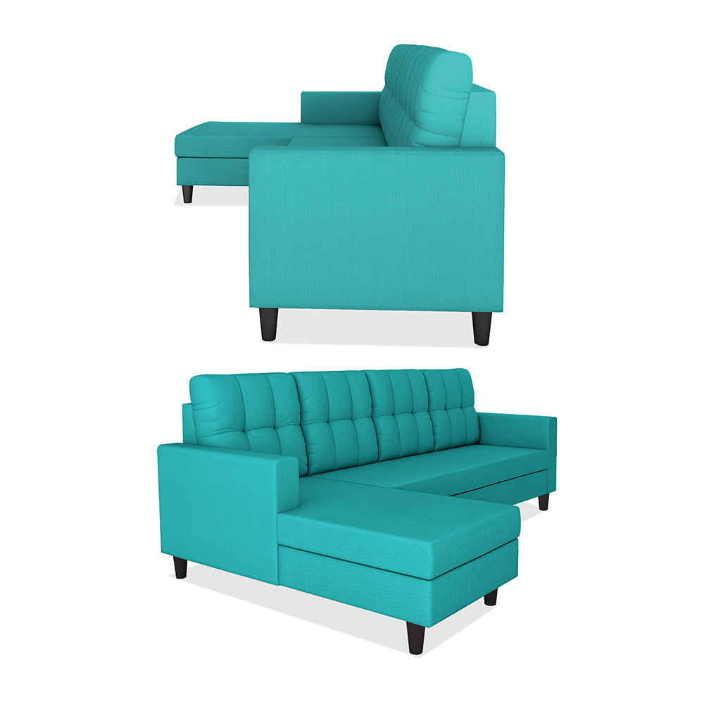 Adorn India Darcy L Shape 8 Seater Sofa Set with Center Table and 2 Ottoman Puffy (LHS) (Aqua Blue) (3 Year Warranty)