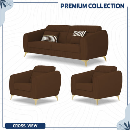 Adorn India Premium Valentino 3-1-1 Sofa Set | Velvet Suede Fabric | 3-Year Warranty | Color Brown with Golden Legs & Striped Pattern Cushion