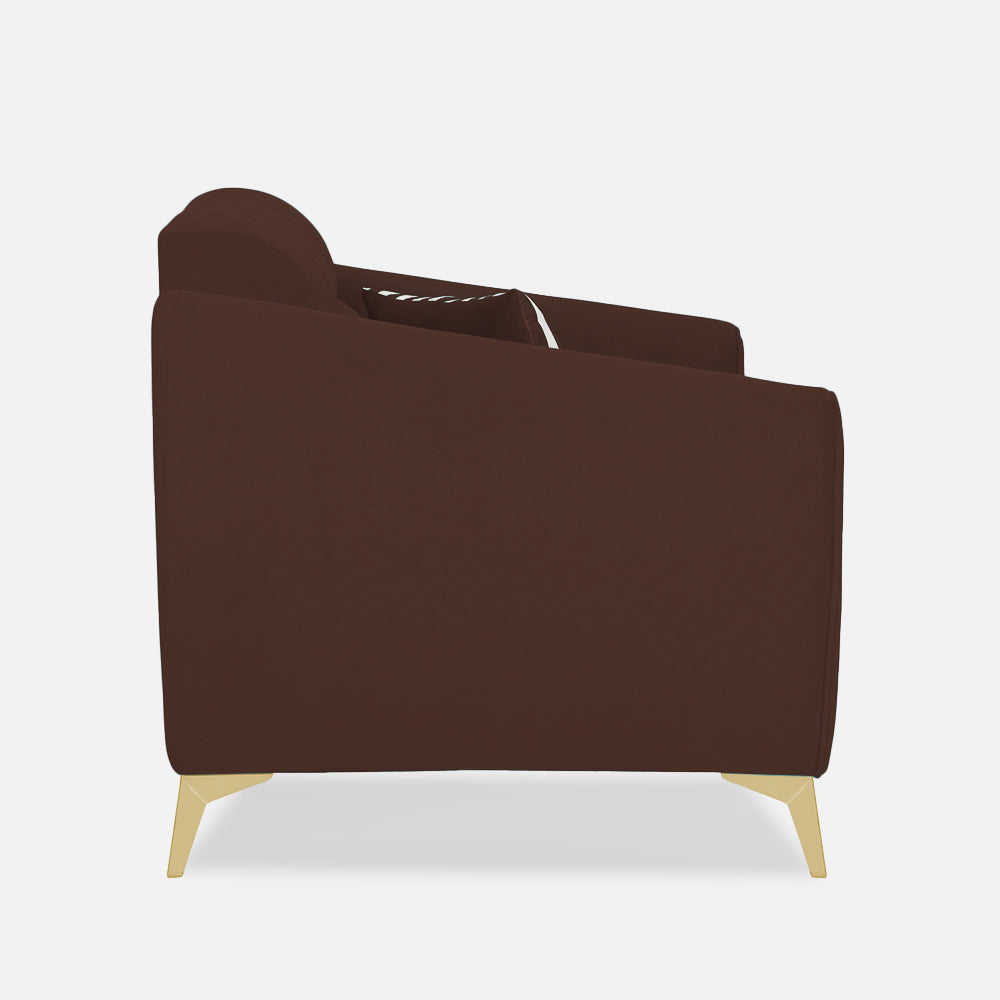 Adorn India Premium Valentino 2 Seater Sofa | Velvet Suede Fabric | 3-Year Warranty | Color Brown with Golden Legs & Striped Pattern Cushion