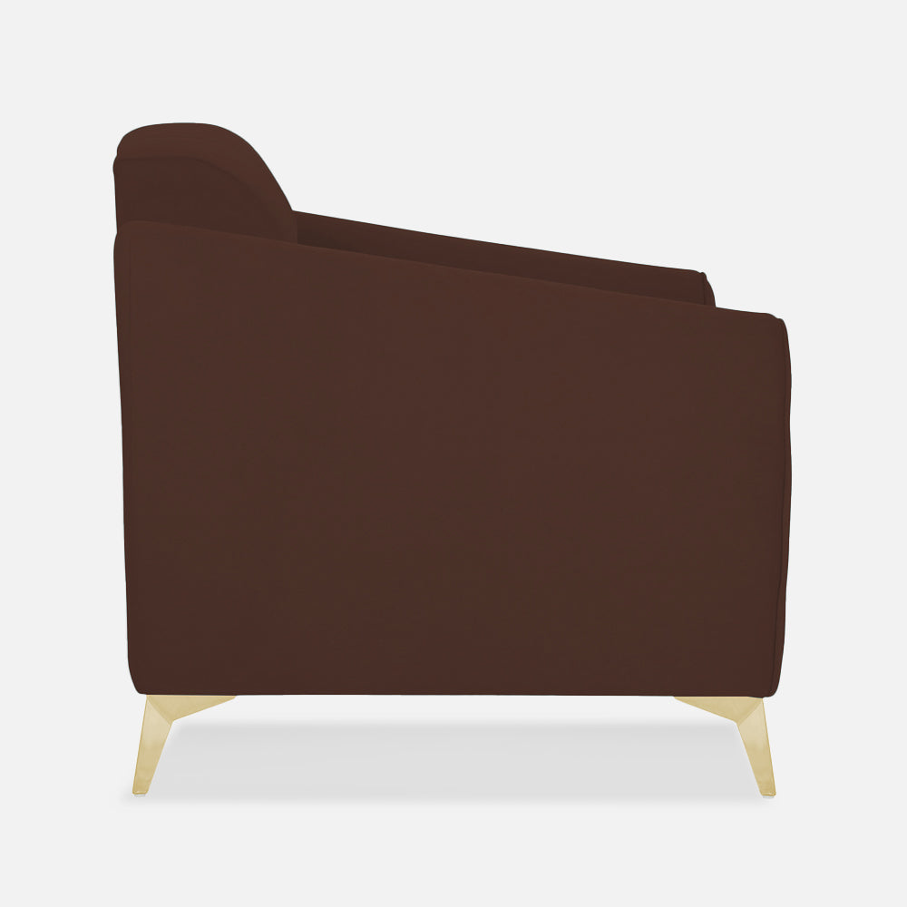 Adorn India Premium Valentino 1 Seater Sofa | Velvet Suede Fabric | 3-Year Warranty | Color Brown with Golden Legs & Striped Pattern Cushion