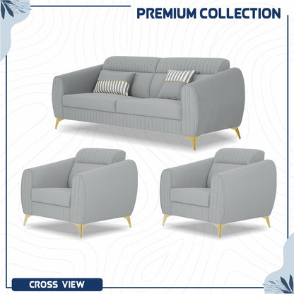 Adorn India Premium Valentino 3-1-1 Sofa Set | Velvet Suede Fabric | 3-Year Warranty | Color Grey with Golden Legs & Striped Pattern Cushion