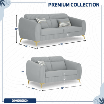Adorn India Premium Valentino 3-2 Sofa Set | Velvet Suede Fabric | 3-Year Warranty | Color Grey with Golden Legs & Striped Pattern Cushion