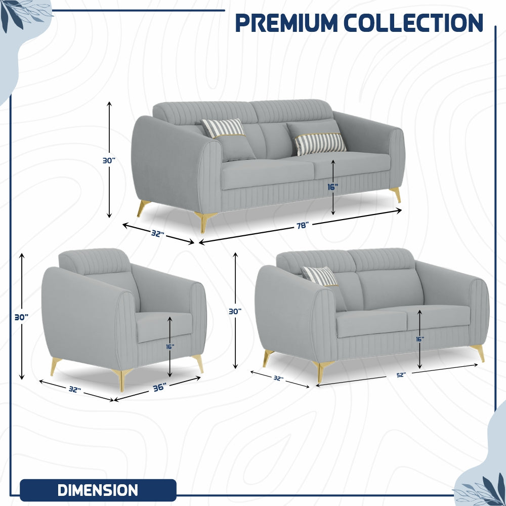 Adorn India Premium Valentino 3-2-1 Sofa Set | Velvet Suede Fabric | 3-Year Warranty | Color Grey with Golden Legs & Striped Pattern Cushion