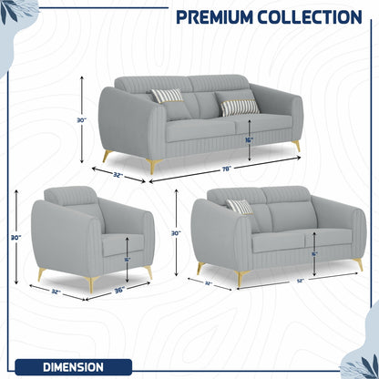 Adorn India Premium Valentino 3-2-1 Sofa Set | Velvet Suede Fabric | 3-Year Warranty | Color Grey with Golden Legs & Striped Pattern Cushion
