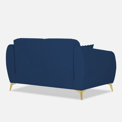 Adorn India Premium Valentino 2 Seater Sofa | Velvet Suede Fabric | 3-Year Warranty | Color Blue with Golden Legs & Striped Pattern Cushion