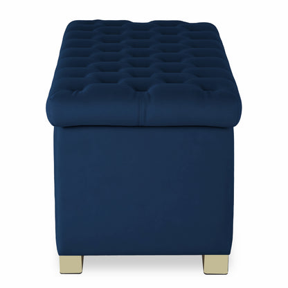 Adorn India Falcon Tufted 2 Seater Storage Ottoman Pouffe with Velvet Suede Fabric (Blue)