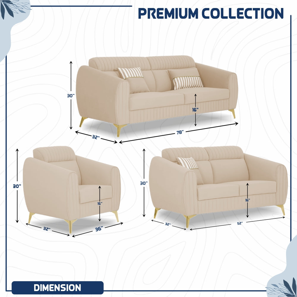 Adorn India Premium Valentino 3-2-1 Sofa Set | Velvet Suede Fabric | 3-Year Warranty | Color Beige with Golden Legs & Striped Pattern Cushion