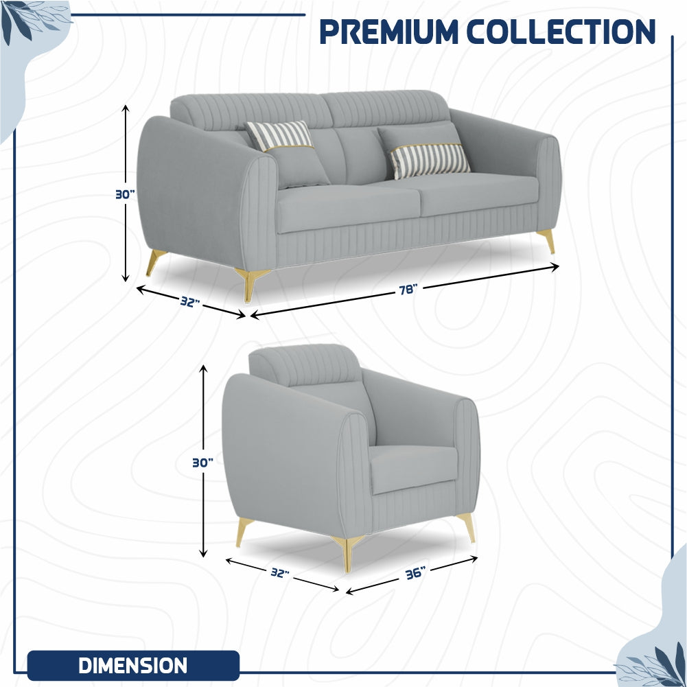 Adorn India Premium Valentino 3-1-1 Sofa Set | Velvet Suede Fabric | 3-Year Warranty | Color Grey with Golden Legs & Striped Pattern Cushion