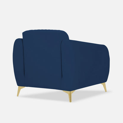 Adorn India Premium Valentino 1 Seater Sofa | Velvet Suede Fabric | 3-Year Warranty | Color Blue with Golden Legs & Striped Pattern Cushion