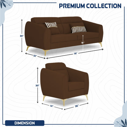 Adorn India Premium Valentino 3-1-1 Sofa Set | Velvet Suede Fabric | 3-Year Warranty | Color Brown with Golden Legs & Striped Pattern Cushion