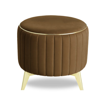 Adorn India Olivia Round 1 Seater Ottoman Pouffe Striped Pattern with Velvet Suede Fabric (Brown)