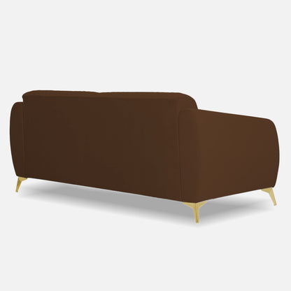 Adorn India Premium Valentino 3 Seater Sofa | Velvet Suede Fabric | 3-Year Warranty | Color Brown with Golden Legs & Striped Pattern Cushion