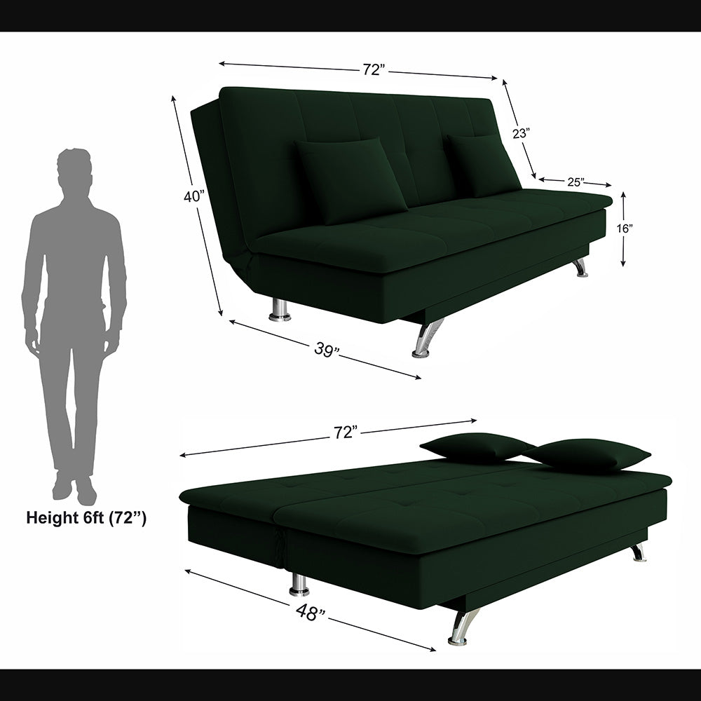 Adorn India Premium New Aspen 3 Seater Sofa Cum Bed 4X6 Velvet Suede with 2 Cushions (Color Green) and Suitable for All Indoor, with 3 Years Warranty