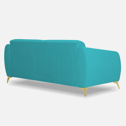 Adorn India Premium Valentino 3 Seater Sofa | Velvet Suede Fabric | 3-Year Warranty | Color Aqua Blue with Golden Legs & Striped Pattern Cushion