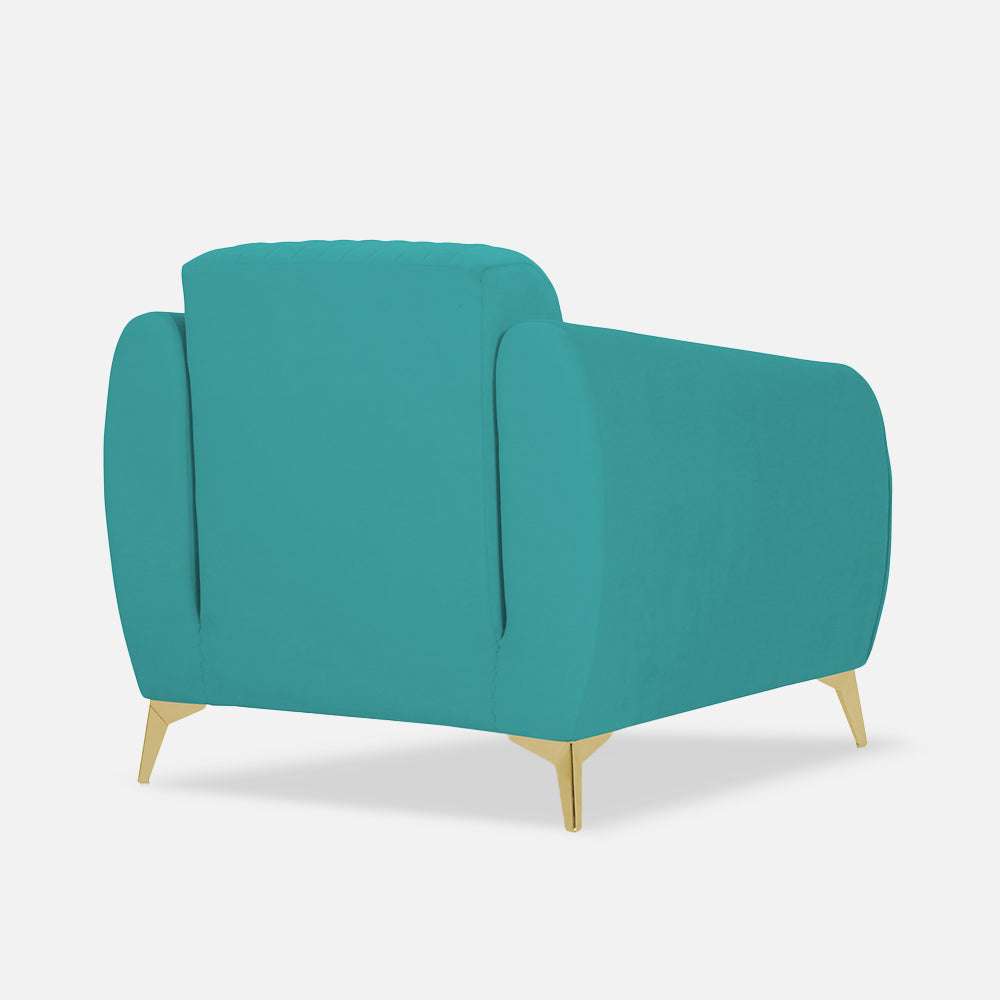 Adorn India Premium Valentino 1 Seater Sofa | Velvet Suede Fabric | 3-Year Warranty | Color Aqua Blue with Golden Legs & Striped Pattern Cushion