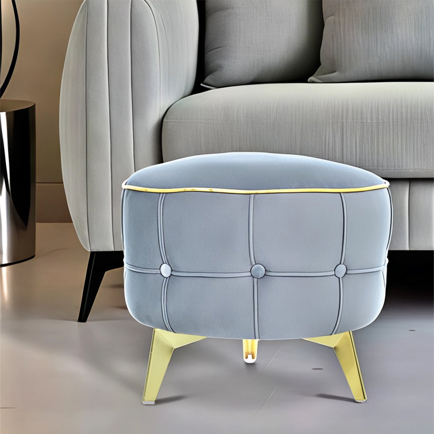 Adorn India Macolm Round 1 Seater Ottoman Pouffe Tufted Pattern with Velvet Suede Fabric (Grey)