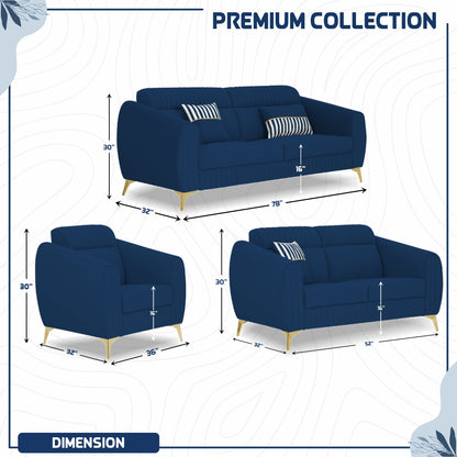 Adorn India Premium Valentino 3-2-1 Sofa Set | Velvet Suede Fabric | 3-Year Warranty | Color Blue with Golden Legs & Striped Pattern Cushion