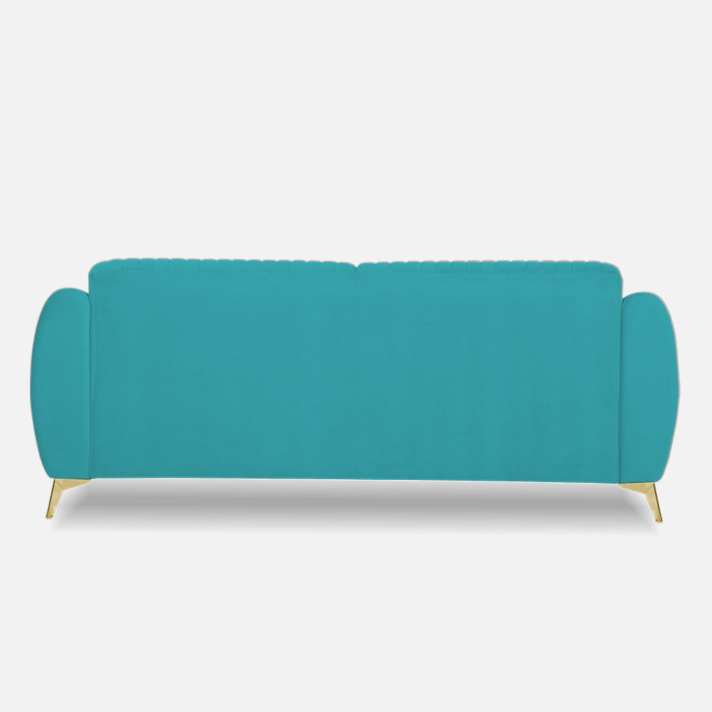 Adorn India Premium Valentino 3 Seater Sofa | Velvet Suede Fabric | 3-Year Warranty | Color Aqua Blue with Golden Legs & Striped Pattern Cushion