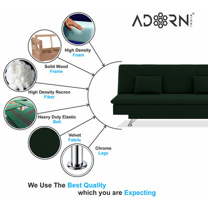 Adorn India Premium New Aspen 3 Seater Sofa Cum Bed 4X6 Velvet Suede with 2 Cushions (Color Green) and Suitable for All Indoor, with 3 Years Warranty