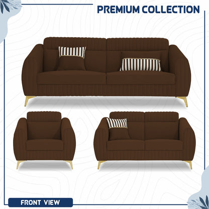 Adorn India Premium Valentino 3-2-1 Sofa Set | Velvet Suede Fabric | 3-Year Warranty | Color Brown with Golden Legs & Striped Pattern Cushion