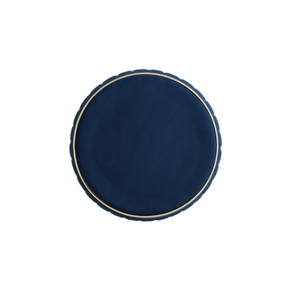 Adorn India Olivia Round 1 Seater Ottoman Pouffe Striped Pattern with Velvet Suede Fabric (Blue)