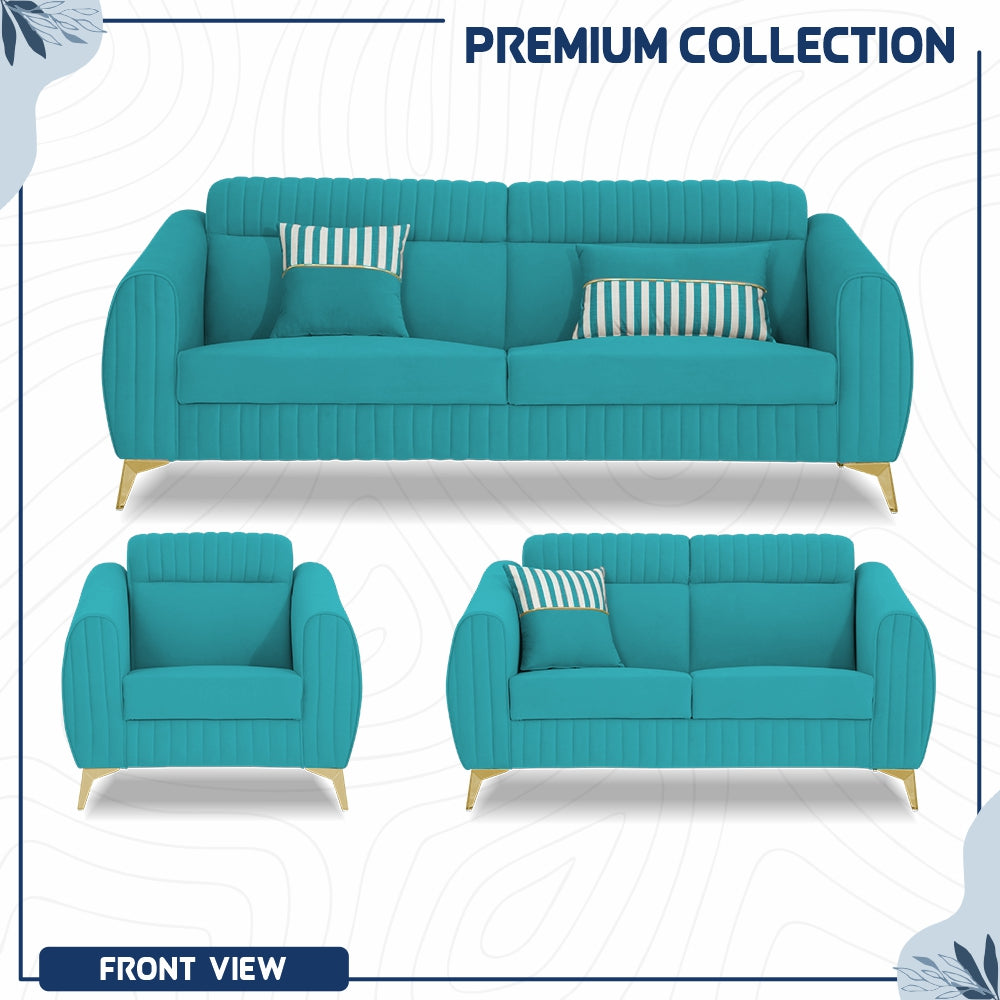 Adorn India Premium Valentino 3-2-1 Sofa Set | Velvet Suede Fabric | 3-Year Warranty | Color Aqua Blue with Golden Legs & Striped Pattern Cushion