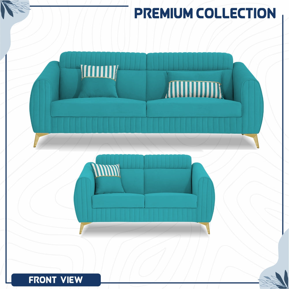 Adorn India Premium Valentino 3-2 Sofa Set | Velvet Suede Fabric | 3-Year Warranty | Color Aqua Blue with Golden Legs & Striped Pattern Cushion