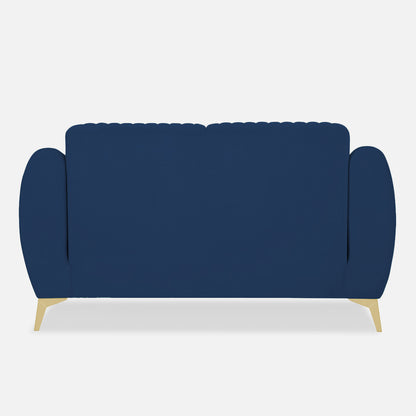 Adorn India Premium Valentino 2 Seater Sofa | Velvet Suede Fabric | 3-Year Warranty | Color Blue with Golden Legs & Striped Pattern Cushion