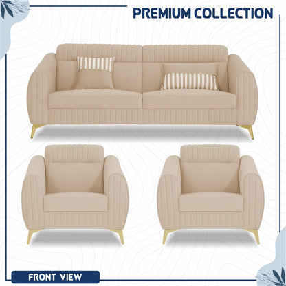 Adorn India Premium Valentino 3-1-1 Sofa Set | Velvet Suede Fabric | 3-Year Warranty | Color Beige with Golden Legs & Striped Pattern Cushion