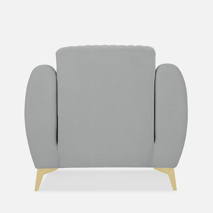 Adorn India Premium Valentino 1 Seater Sofa | Velvet Suede Fabric | 3-Year Warranty | Color Grey with Golden Legs & Striped Pattern Cushion