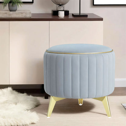 Adorn India Olivia Round 1 Seater Ottoman Pouffe Striped Pattern with Velvet Suede Fabric (Grey)