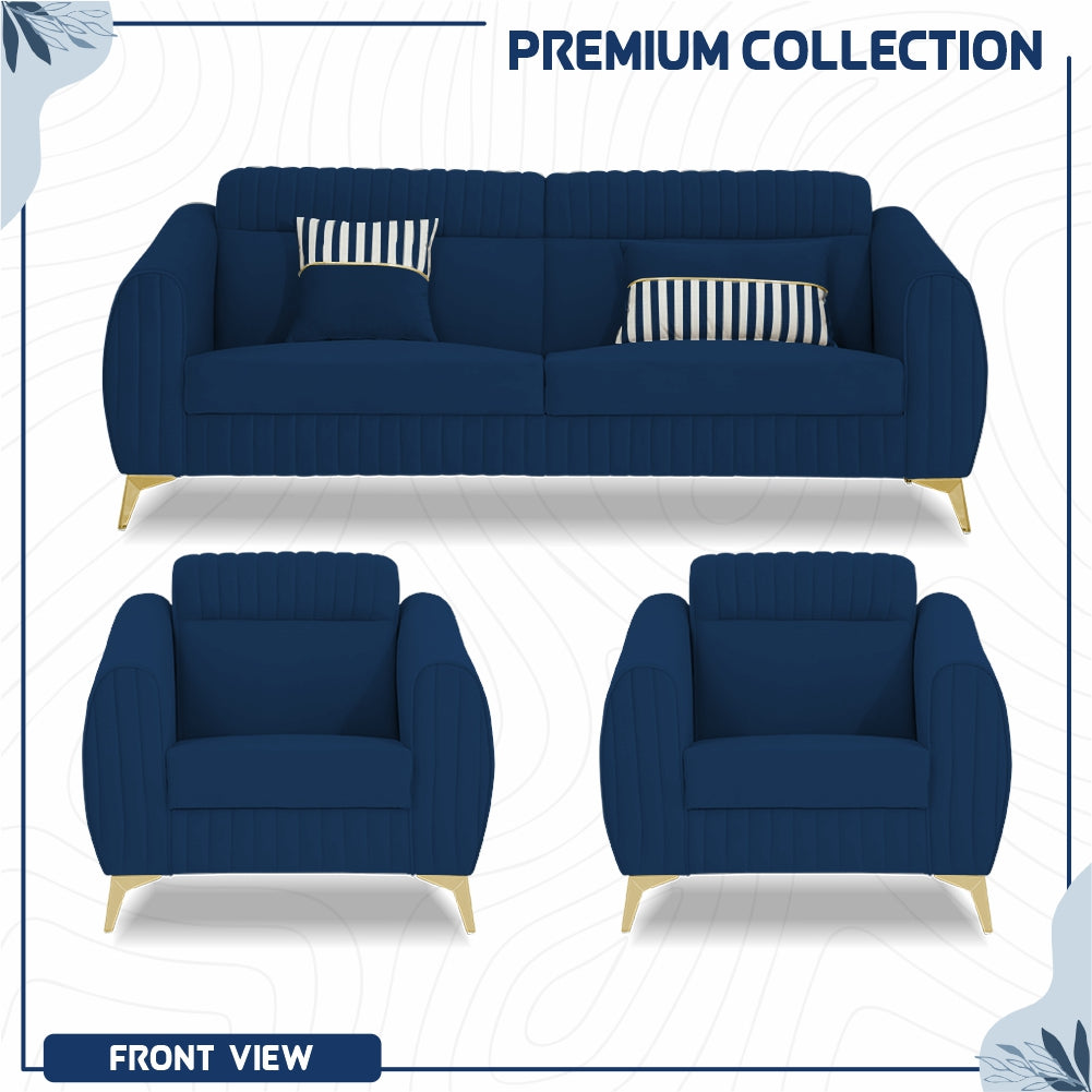 Adorn India Premium Valentino 3-1-1 Sofa Set | Velvet Suede Fabric | 3-Year Warranty | Color Blue with Golden Legs & Striped Pattern Cushion