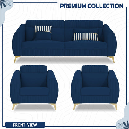 Adorn India Premium Valentino 3-1-1 Sofa Set | Velvet Suede Fabric | 3-Year Warranty | Color Blue with Golden Legs & Striped Pattern Cushion