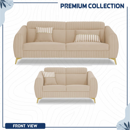 Adorn India Premium Valentino 3-2 Sofa Set | Velvet Suede Fabric | 3-Year Warranty | Color Beige with Golden Legs & Striped Pattern Cushion