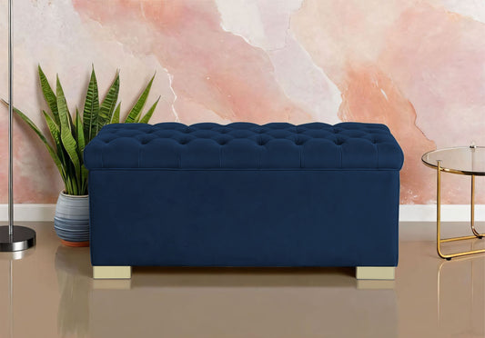 Adorn India Falcon Tufted 2 Seater Storage Ottoman Pouffe with Velvet Suede Fabric (Blue)