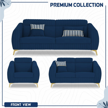 Adorn India Premium Valentino 3-2-1 Sofa Set | Velvet Suede Fabric | 3-Year Warranty | Color Blue with Golden Legs & Striped Pattern Cushion