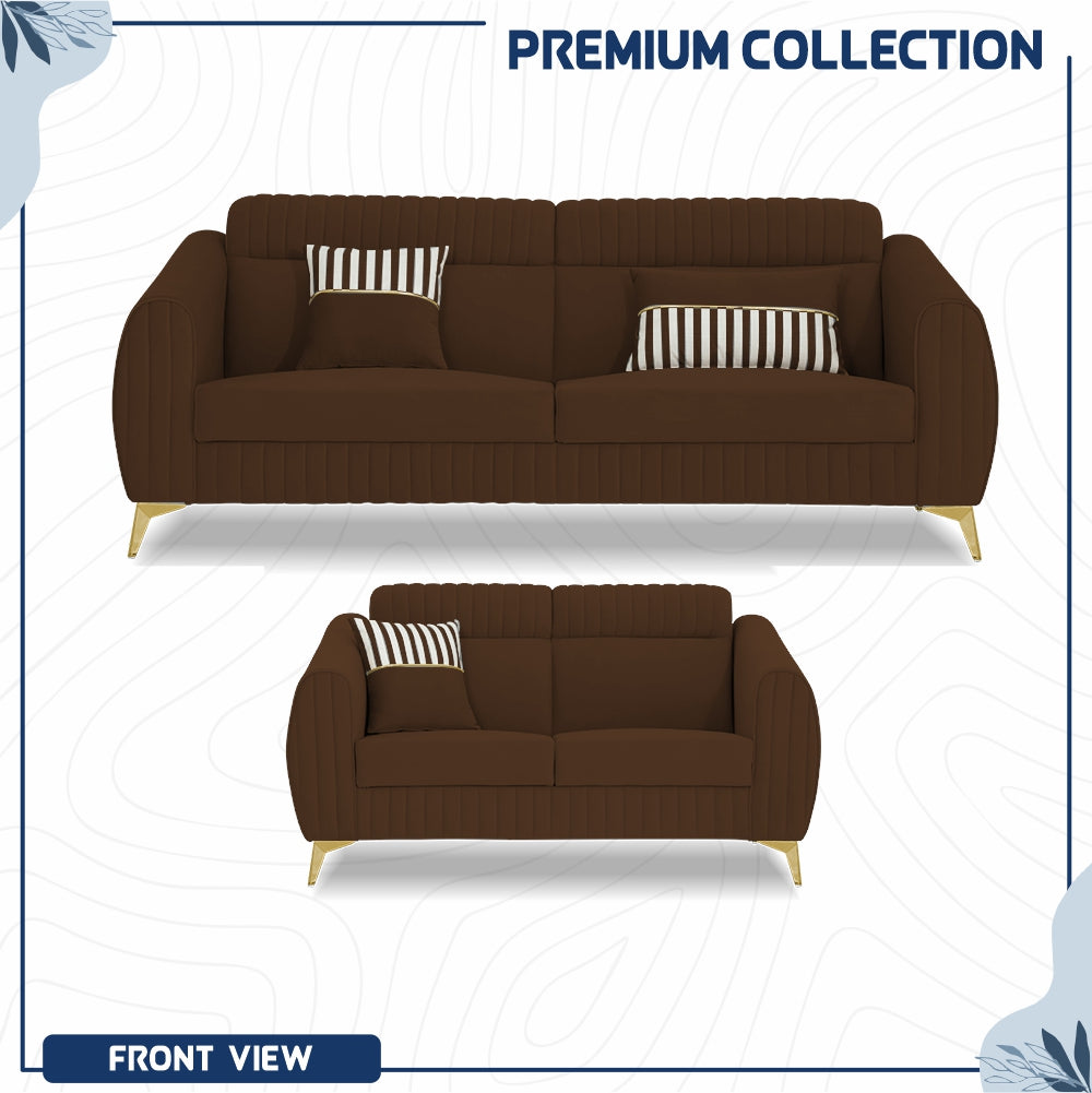 Adorn India Premium Valentino 3-2 Sofa Set | Velvet Suede Fabric | 3-Year Warranty | Color Brown with Golden Legs & Striped Pattern Cushion