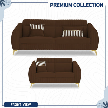 Adorn India Premium Valentino 3-2 Sofa Set | Velvet Suede Fabric | 3-Year Warranty | Color Brown with Golden Legs & Striped Pattern Cushion